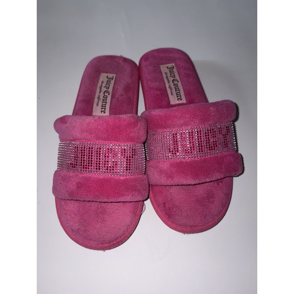 Juicy Couture, Slippers, y2k style fuzzy Hot Pink, Rhinestones, Size Small - Picture 2 of 5